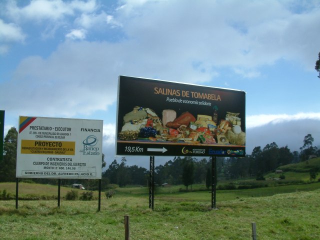 Salinas billboard at crossroads near Guaranda.
