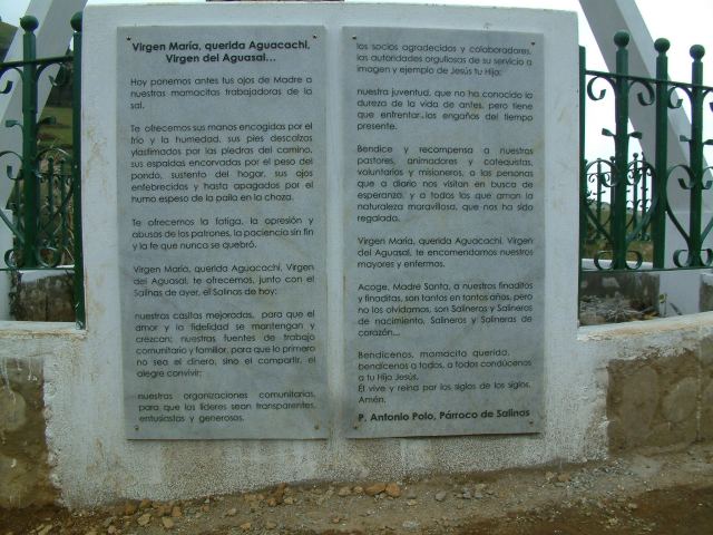 Plaque at the monument to the virgin at the Salinas salt works.